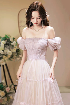 Beautiful A-Line Tulle Long Prom Dress, A-Line Short Sleeve Evening Party Dress