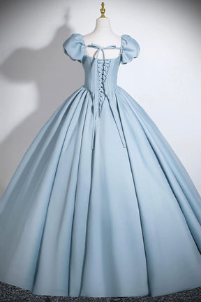 Sweetheart Neck Blue A-Line Ball Gown with Puff Sleeves and Corset Back