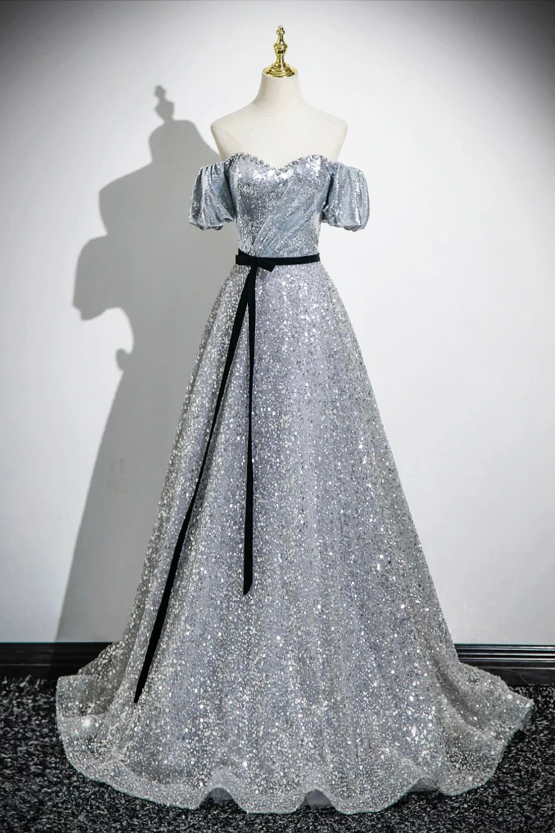 short silver prom dresses Silver Sequins Floor Length Short Sleeve Prom Dress, Sparkly A-Line Of