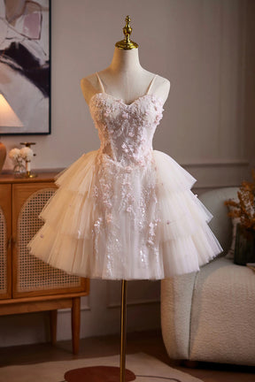 Elegant Pink 3D Floral Tiered Tulle Short Prom Dress - Sweetheart Neck Homecoming Gown