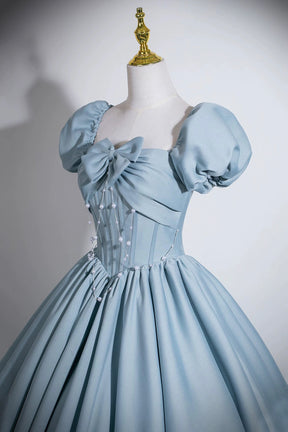 Sweetheart Neck Blue A-Line Ball Gown with Puff Sleeves and Corset Back