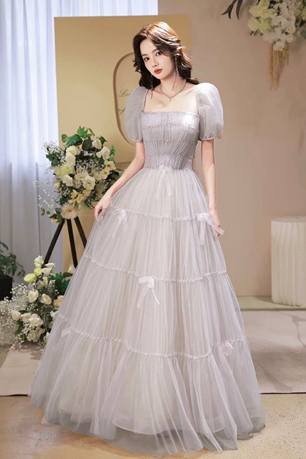 Beautiful A-Line Tulle Long Prom Dress, A-Line Short Sleeve Evening Party Dress