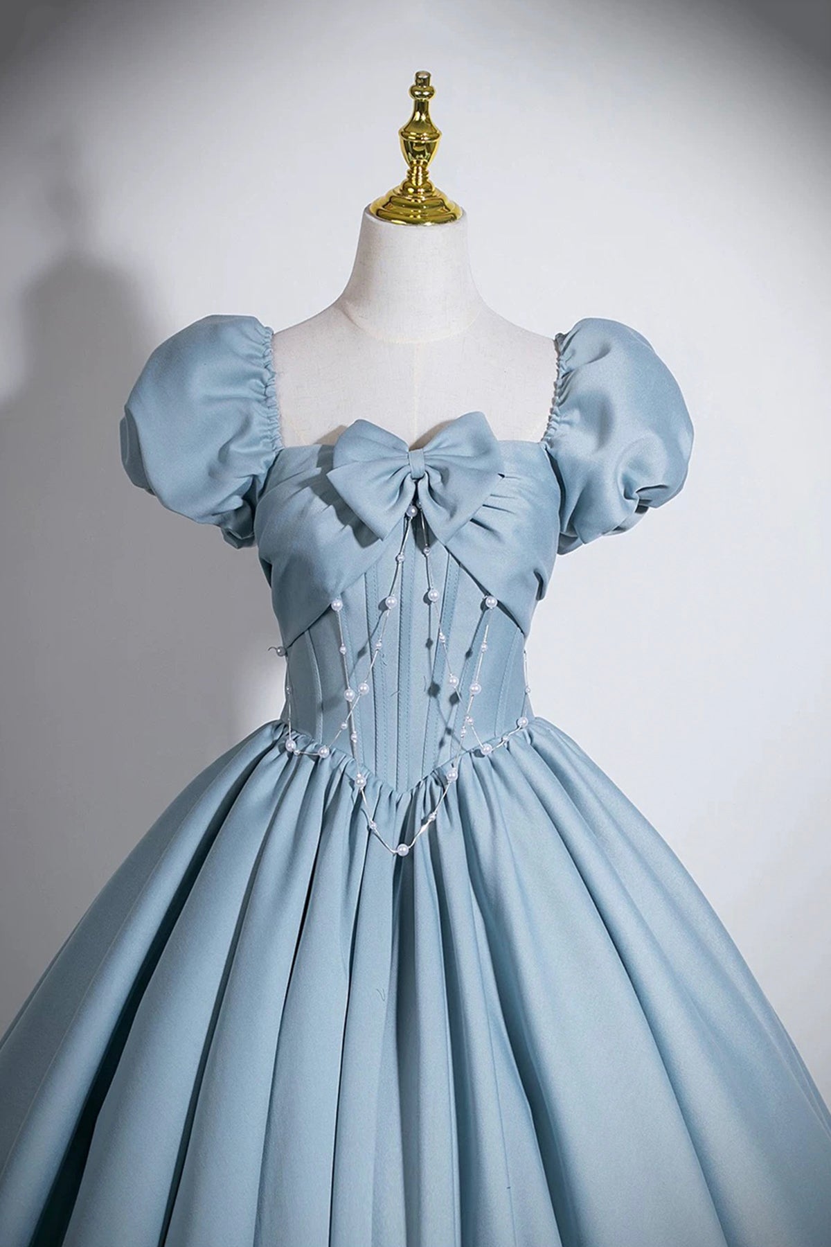 Sweetheart Neck Blue A-Line Ball Gown with Puff Sleeves and Corset Back