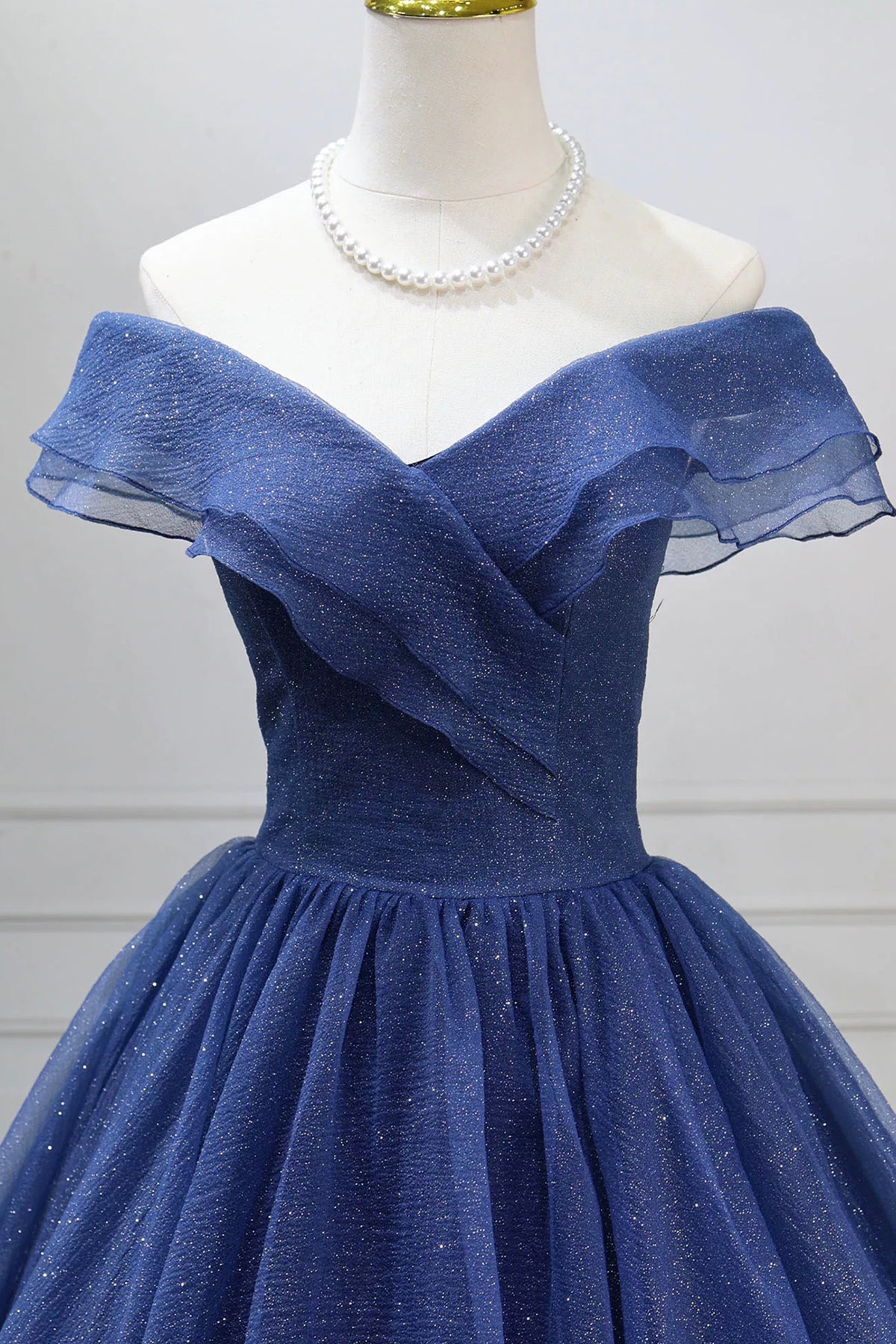 Navy Blue Glitter Tulle Ball Gown Off Shoulder Sweetheart Evening Dress