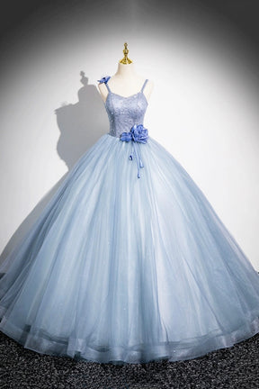 Blue Spaghetti Strap Tulle Floor Length Prom Dress, Pretty A-Line Evening Party Dress