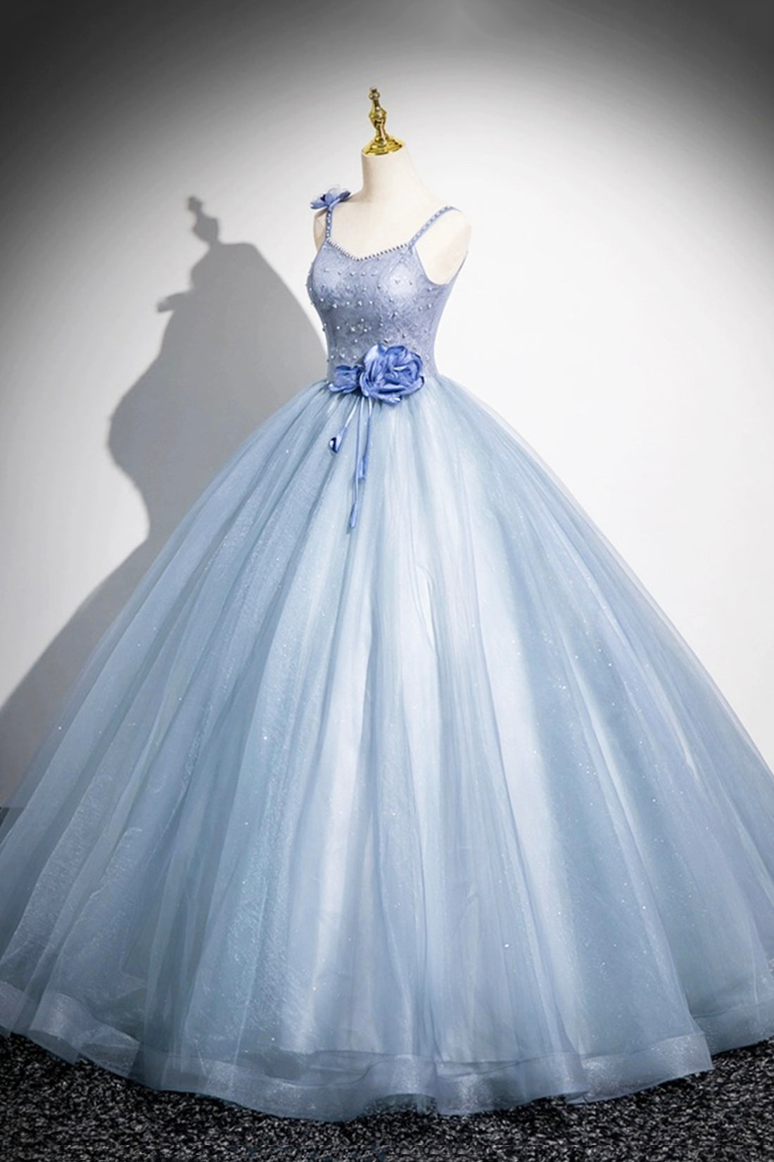 Blue Spaghetti Strap Tulle Floor Length Prom Dress, Pretty A-Line Evening Party Dress