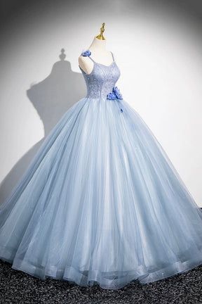 Blue Spaghetti Strap Tulle Floor Length Prom Dress, Pretty A-Line Evening Party Dress