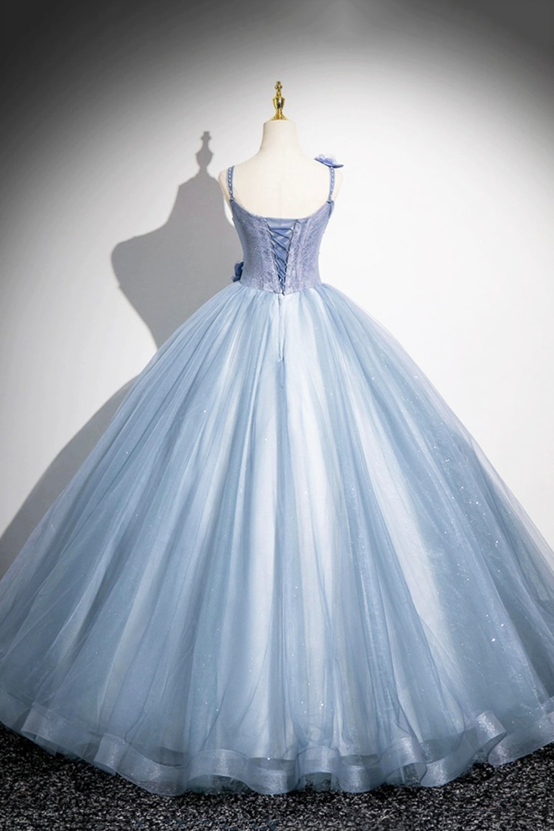 Blue Spaghetti Strap Tulle Floor Length Prom Dress, Pretty A-Line Evening Party Dress