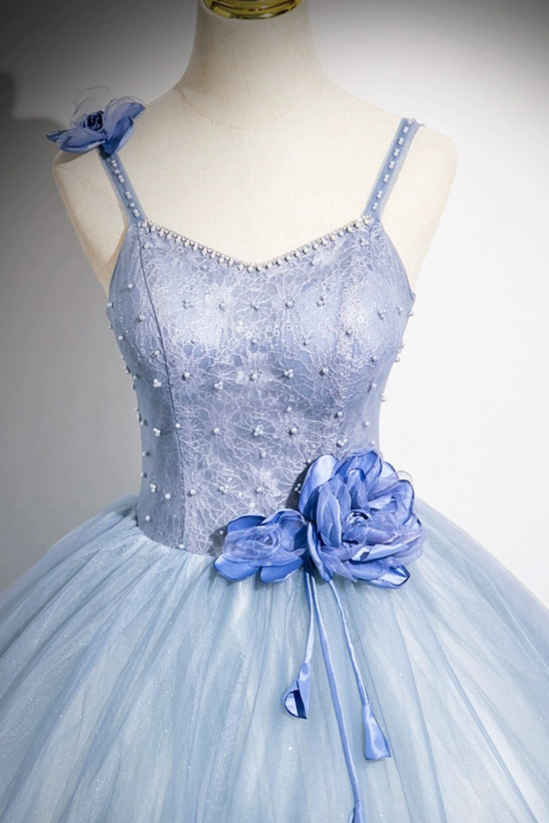 Blue Spaghetti Strap Tulle Floor Length Prom Dress, Pretty A-Line Evening Party Dress