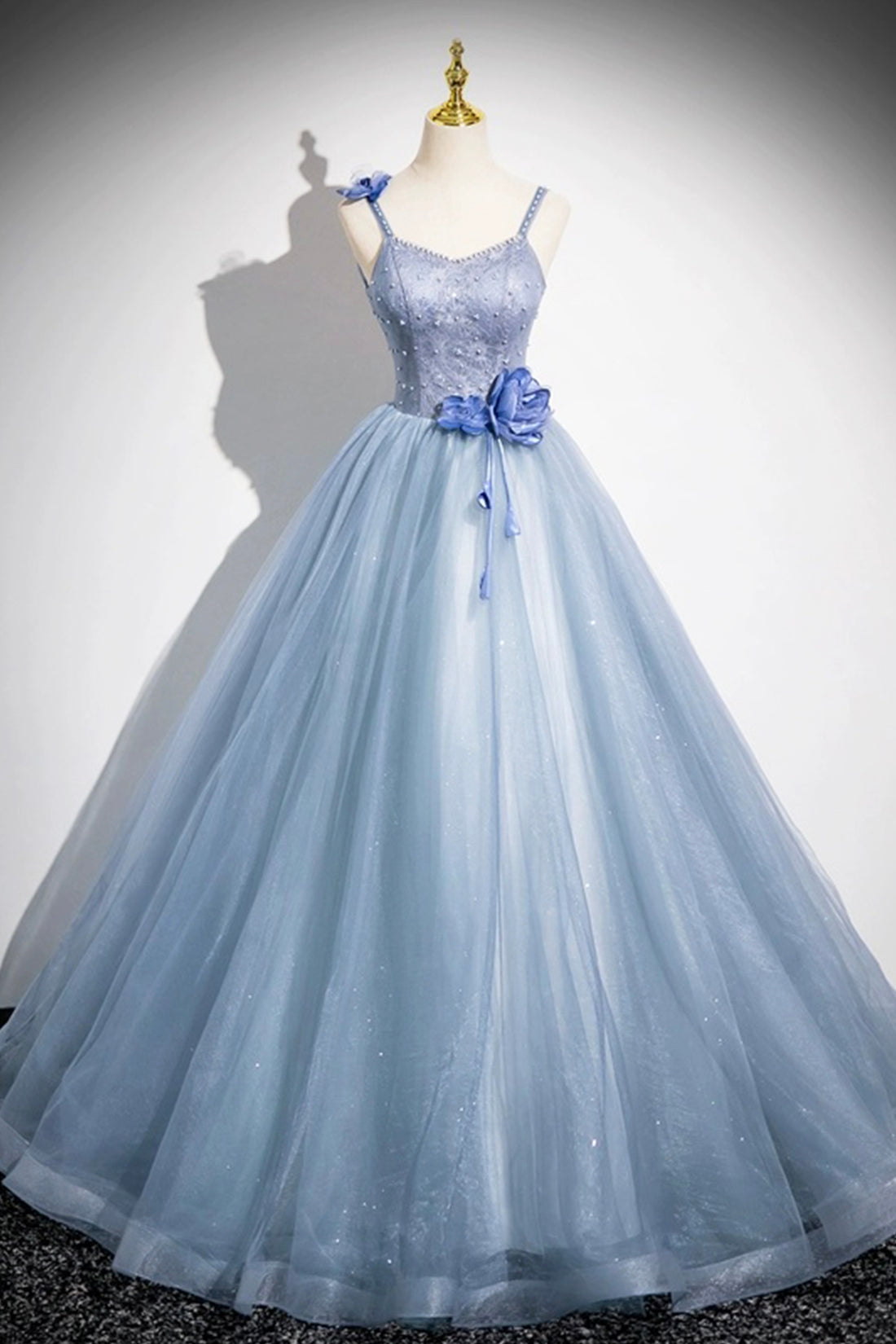 Blue Spaghetti Strap Tulle Floor Length Prom Dress, Pretty A-Line Evening Party Dress