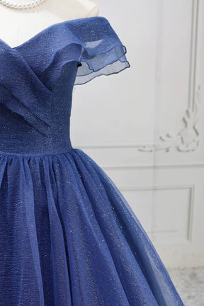 Navy Blue Glitter Tulle Ball Gown Off Shoulder Sweetheart Evening Dress