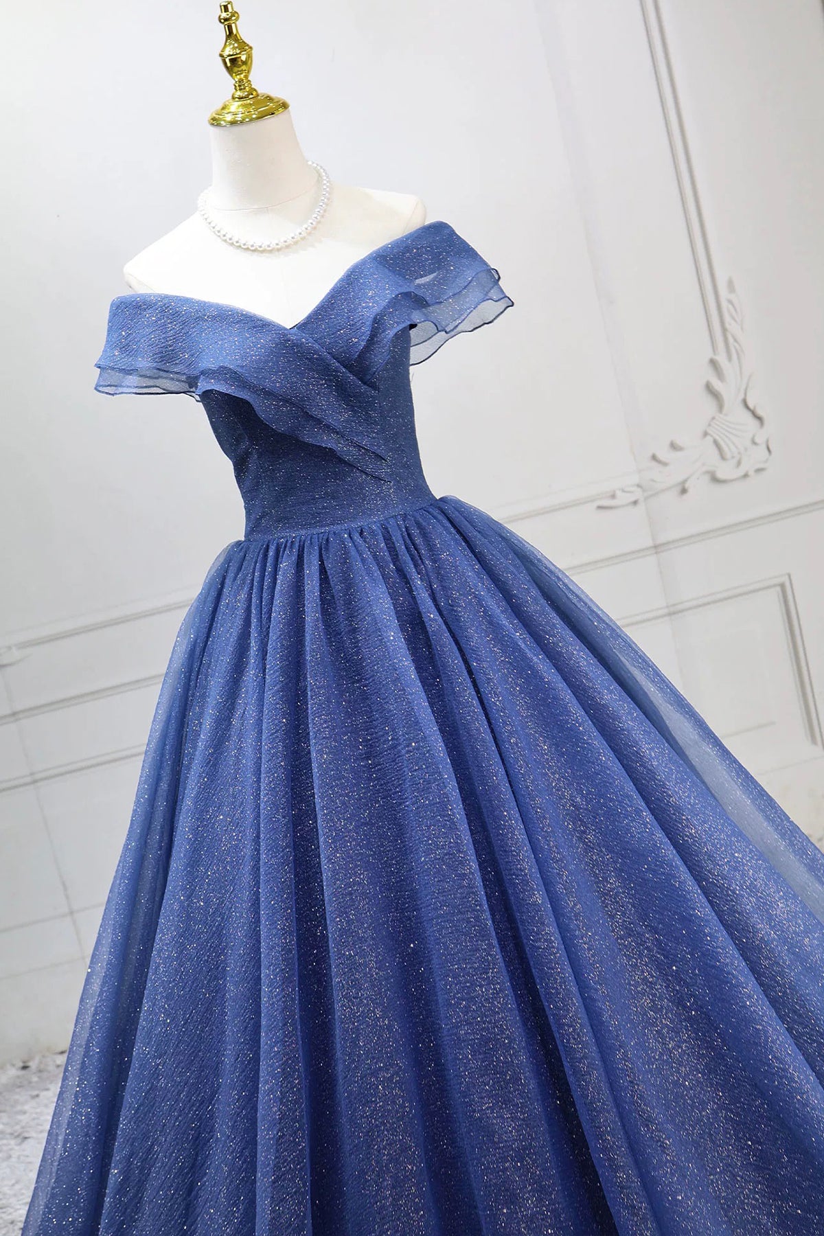 Navy Blue Glitter Tulle Ball Gown Off Shoulder Sweetheart Evening Dress