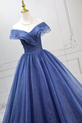 Navy Blue Glitter Tulle Ball Gown Off Shoulder Sweetheart Evening Dress