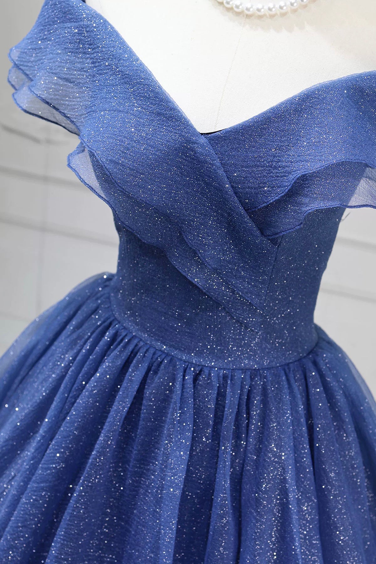 Navy Blue Glitter Tulle Ball Gown Off Shoulder Sweetheart Evening Dress