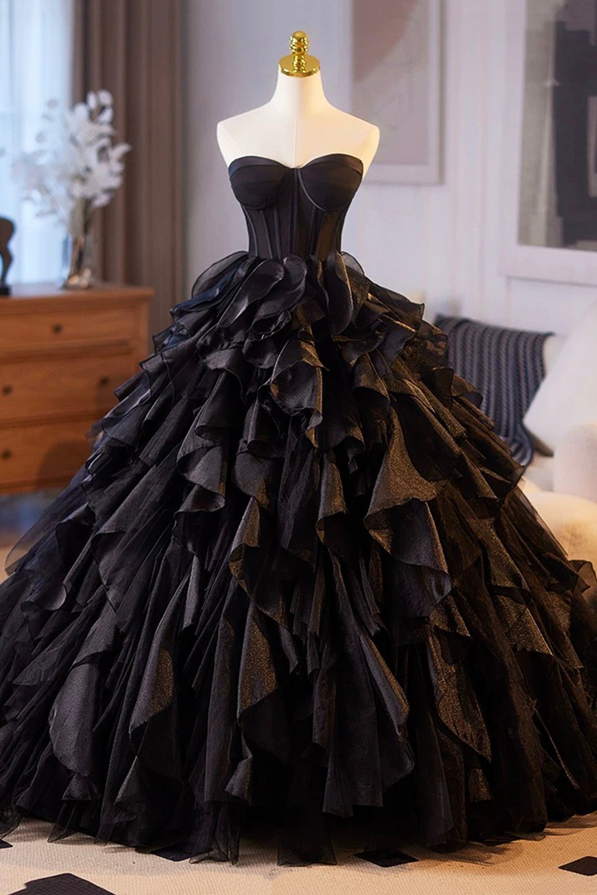 Ball Gown Black Layered Tulle Prom Dress, A-Line Strapless Long Evening Party Dress