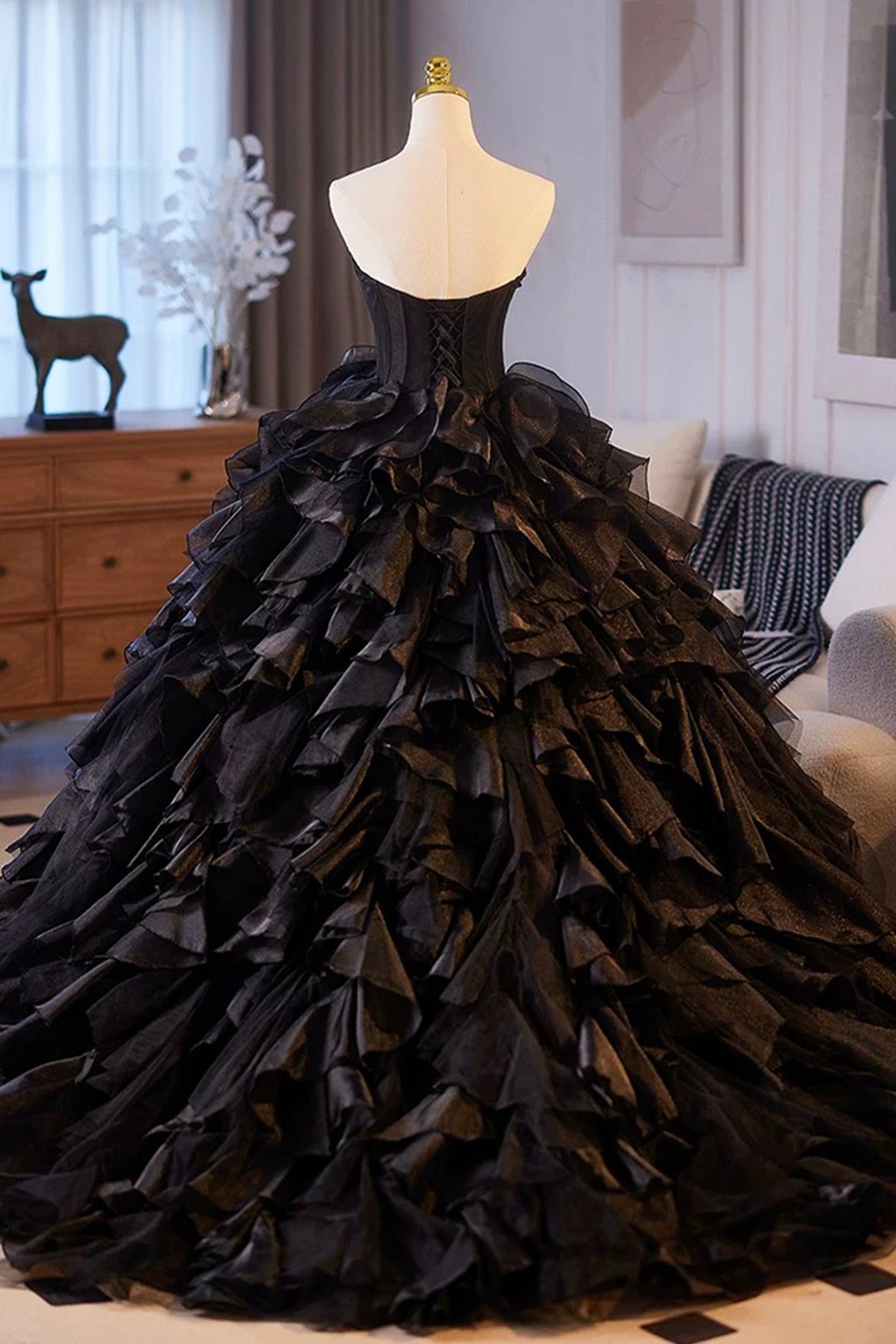 Ball Gown Black Layered Tulle Prom Dress, A-Line Strapless Long Evening Party Dress