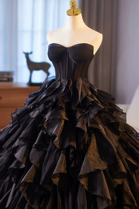 Ball Gown Black Layered Tulle Prom Dress, A-Line Strapless Long Evening Party Dress