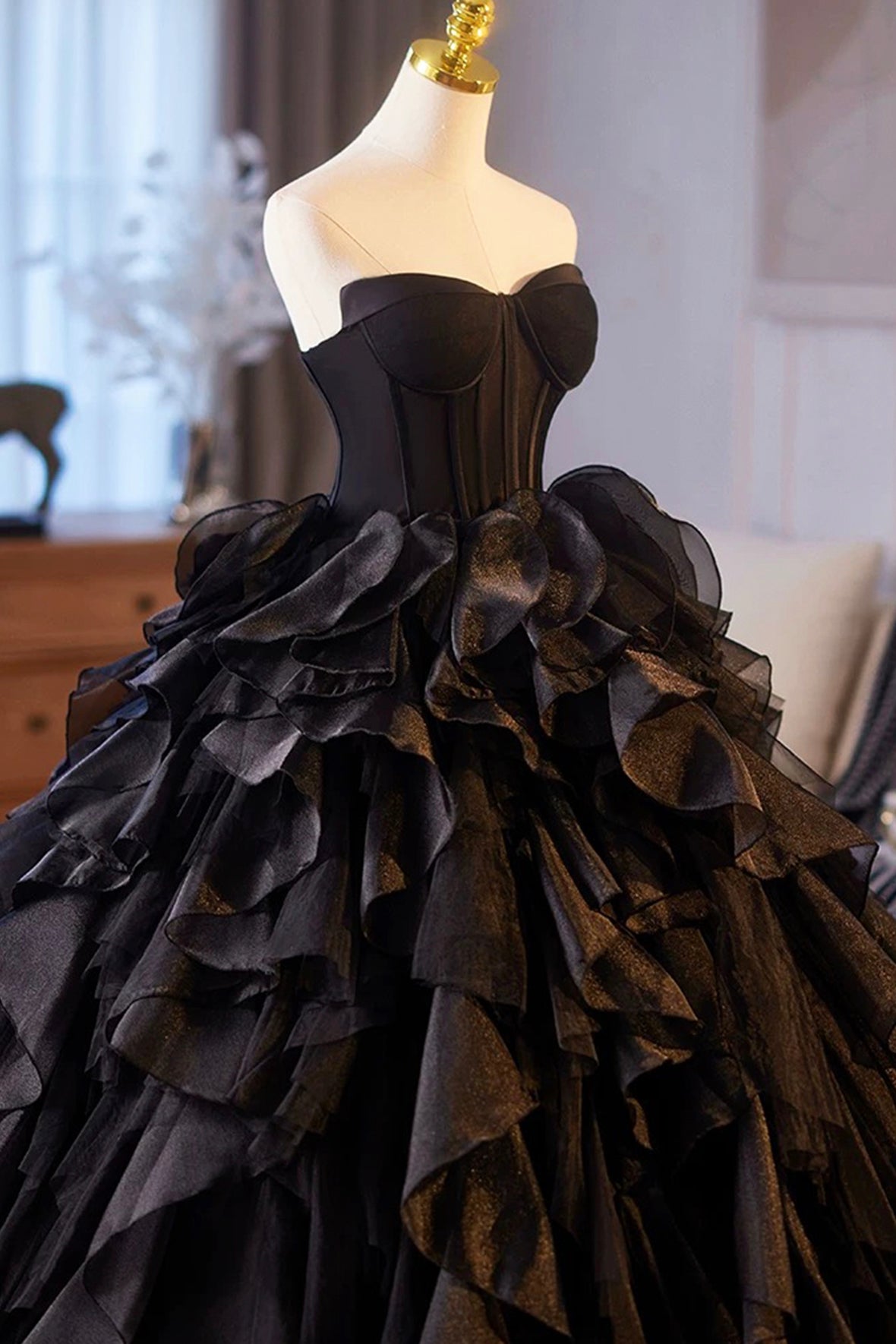 Ball Gown Black Layered Tulle Prom Dress, A-Line Strapless Long Evening Party Dress