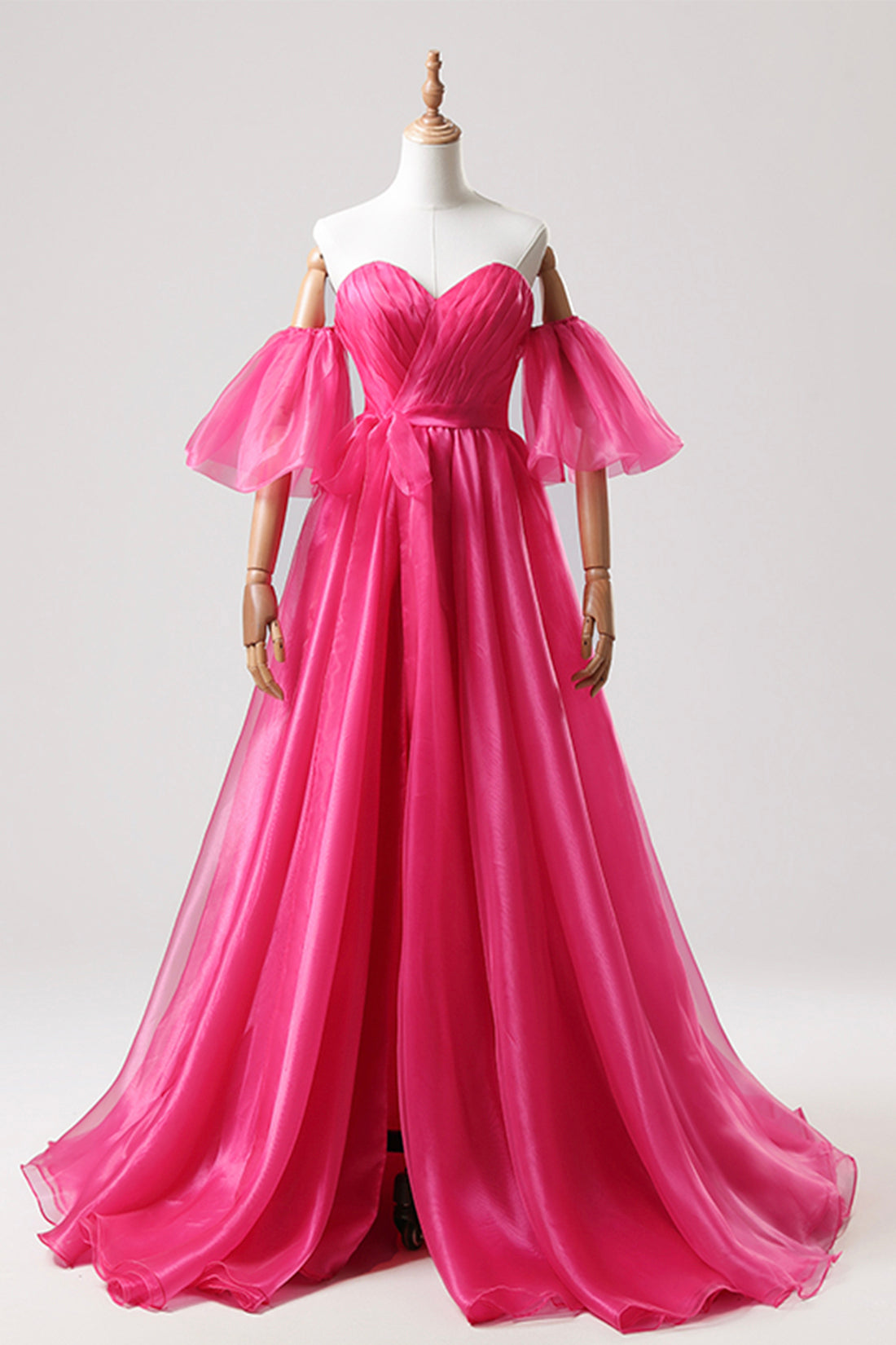 Hot Pink Tulle Long Prom Dress with Slit, Off the Shoulder Evening Party Dress