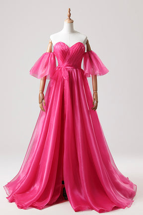 Hot Pink Tulle Long Prom Dress with Slit, Off the Shoulder Evening Party Dress