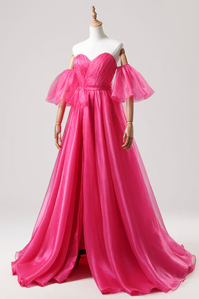 Hot Pink Tulle Long Prom Dress with Slit, Off the Shoulder Evening Party Dress