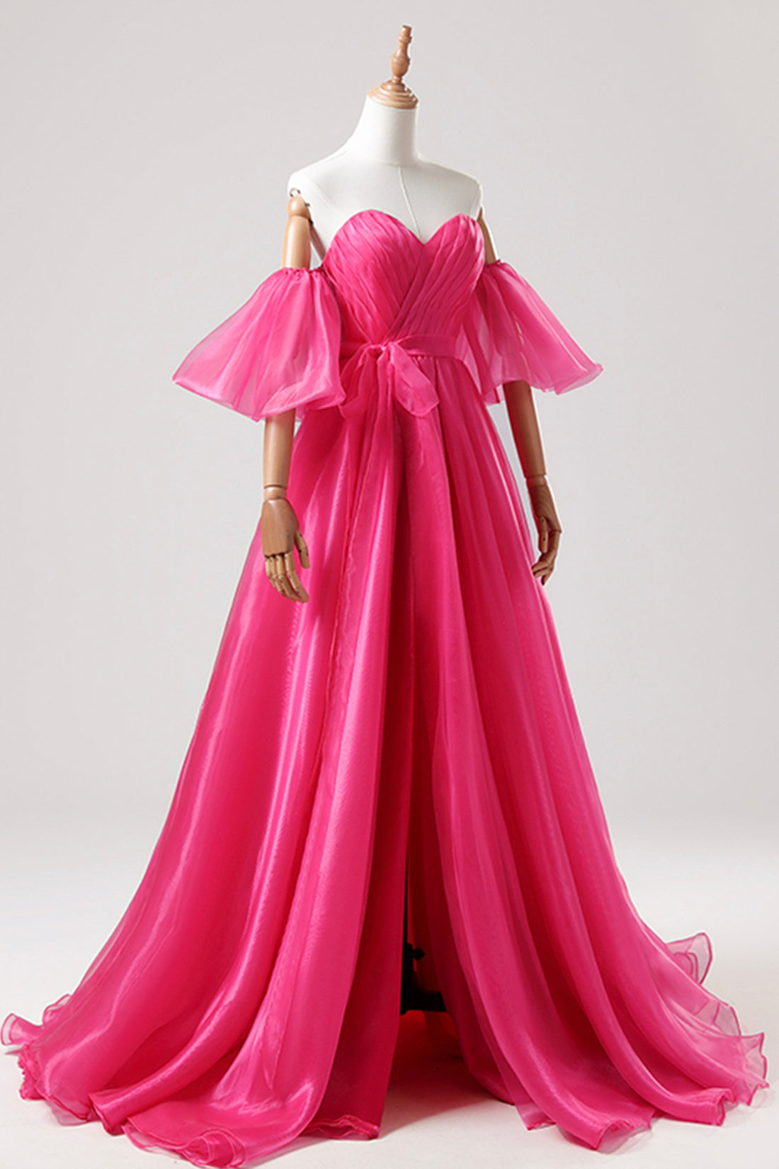 Hot Pink Tulle Long Prom Dress with Slit, Off the Shoulder Evening Party Dress