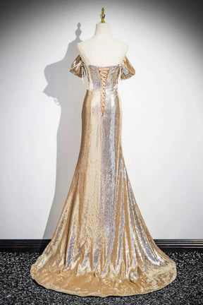 Gold Sequins Long Prom Dress, Shiny Off the Shoulder Backless Evening Party Dress