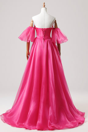 Hot Pink Tulle Long Prom Dress with Slit, Off the Shoulder Evening Party Dress