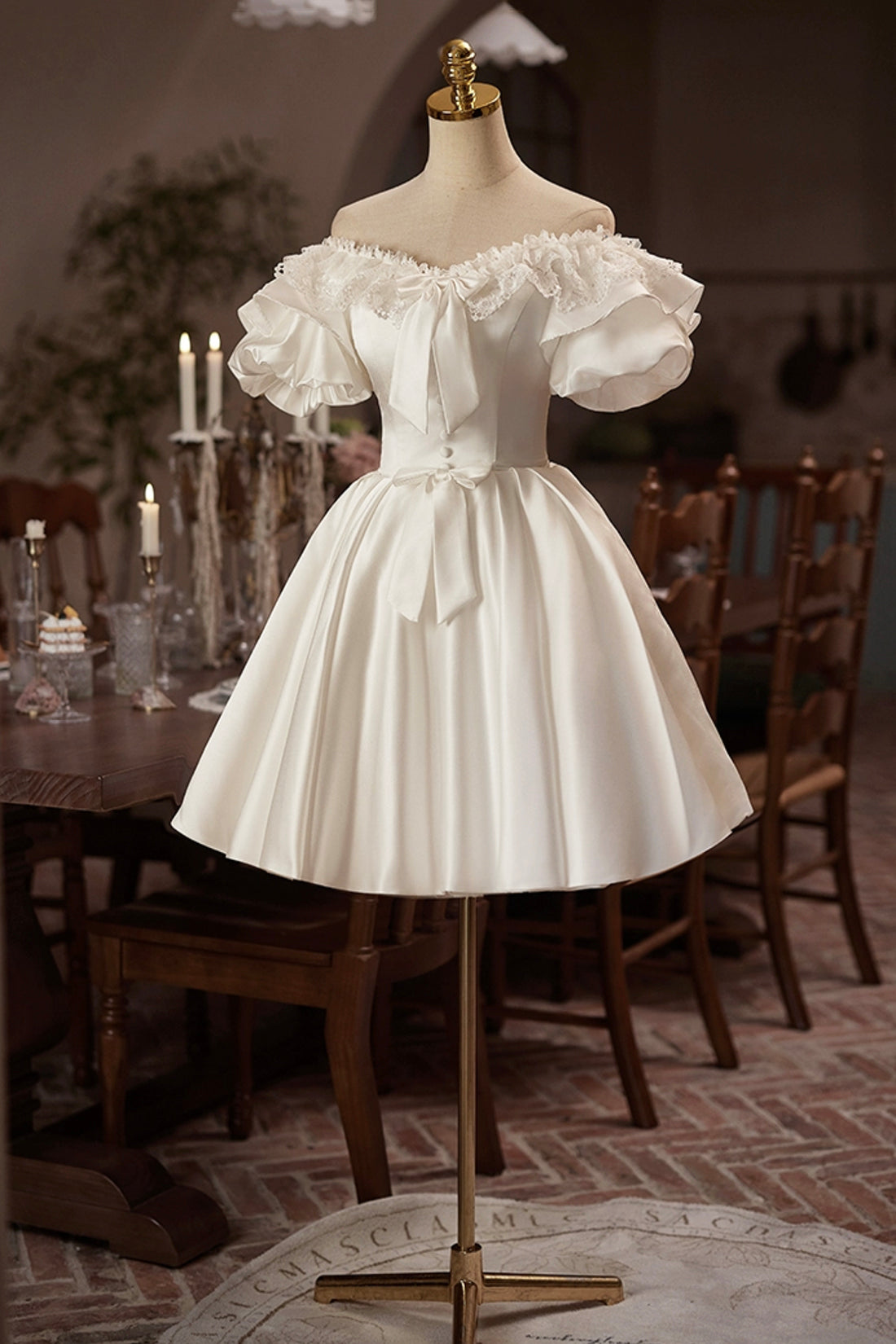 White Off the Shoulder Lace Short Prom Dress, A-Line Satin Knee Length White Off the Shoulder Lace Short Prom Dress, A-Line Satin Knee Length