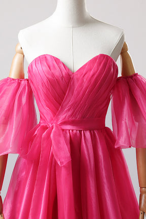 Hot Pink Tulle Long Prom Dress with Slit, Off the Shoulder Evening Party Dress