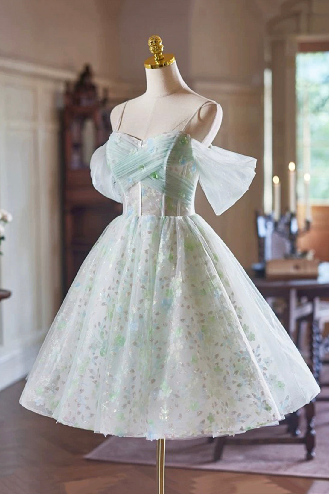 A-line Spaghetti Strap Knee Length Prom Dress, Green Floral Tulle Party Dress with Corset