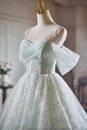 A-line Spaghetti Strap Knee Length Prom Dress, Green Floral Tulle Party Dress with Corset