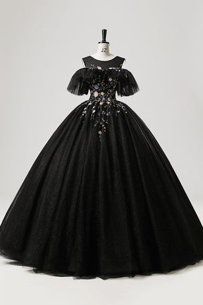 Black Tulle Beaded Long Prom Dress, A-Line Scoop Neckline Formal Party Gown