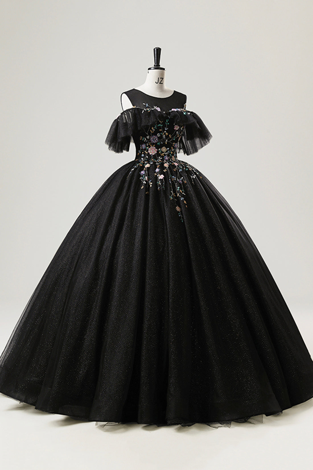 Black Tulle Beaded Long Prom Dress, A-Line Scoop Neckline Formal Party Gown