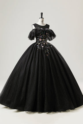 Black Tulle Beaded Long Prom Dress, A-Line Scoop Neckline Formal Party Gown