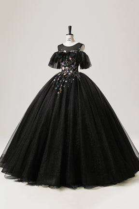 Black Tulle Beaded Long Prom Dress, A-Line Scoop Neckline Formal Party Gown