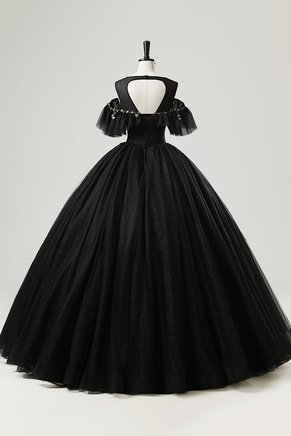 Black Tulle Beaded Long Prom Dress, A-Line Scoop Neckline Formal Party Gown