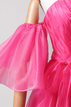 Hot Pink Tulle Long Prom Dress with Slit, Off the Shoulder Evening Party Dress