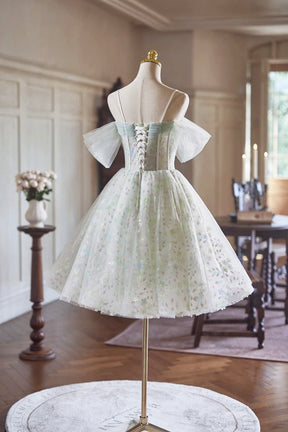 A-line Spaghetti Strap Knee Length Prom Dress, Green Floral Tulle Party Dress with Corset