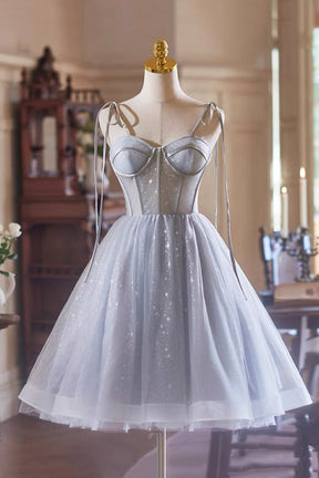 Gray Spaghetti Strap Tulle Short Prom Dress, Lovely A-Line Party Dress with Corset