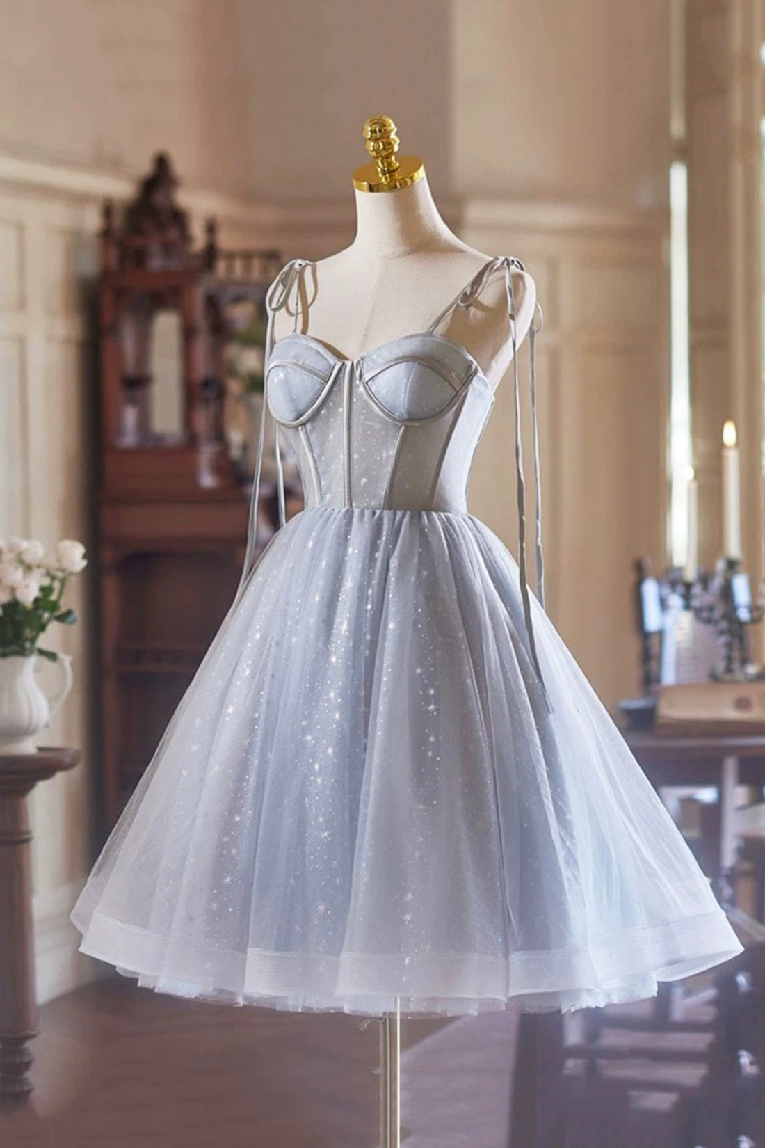 Gray Spaghetti Strap Tulle Short Prom Dress, Lovely A-Line Party Dress with Corset