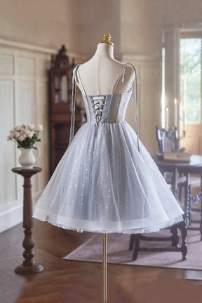 Gray Spaghetti Strap Tulle Short Prom Dress, Lovely A-Line Party Dress with Corset