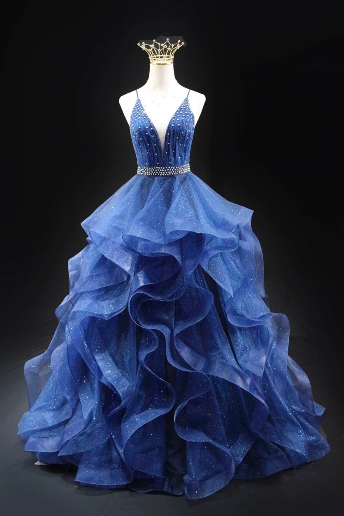 Blue Glitter Tulle Long A-Line Prom Dress, V-Neck Spaghetti Strap Backless Evening Party Dress
