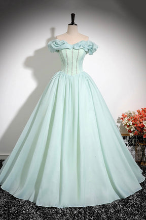 Green Tulle Long A-Line Prom Dress, Lovely Off the Shoulder Evening Party Dress