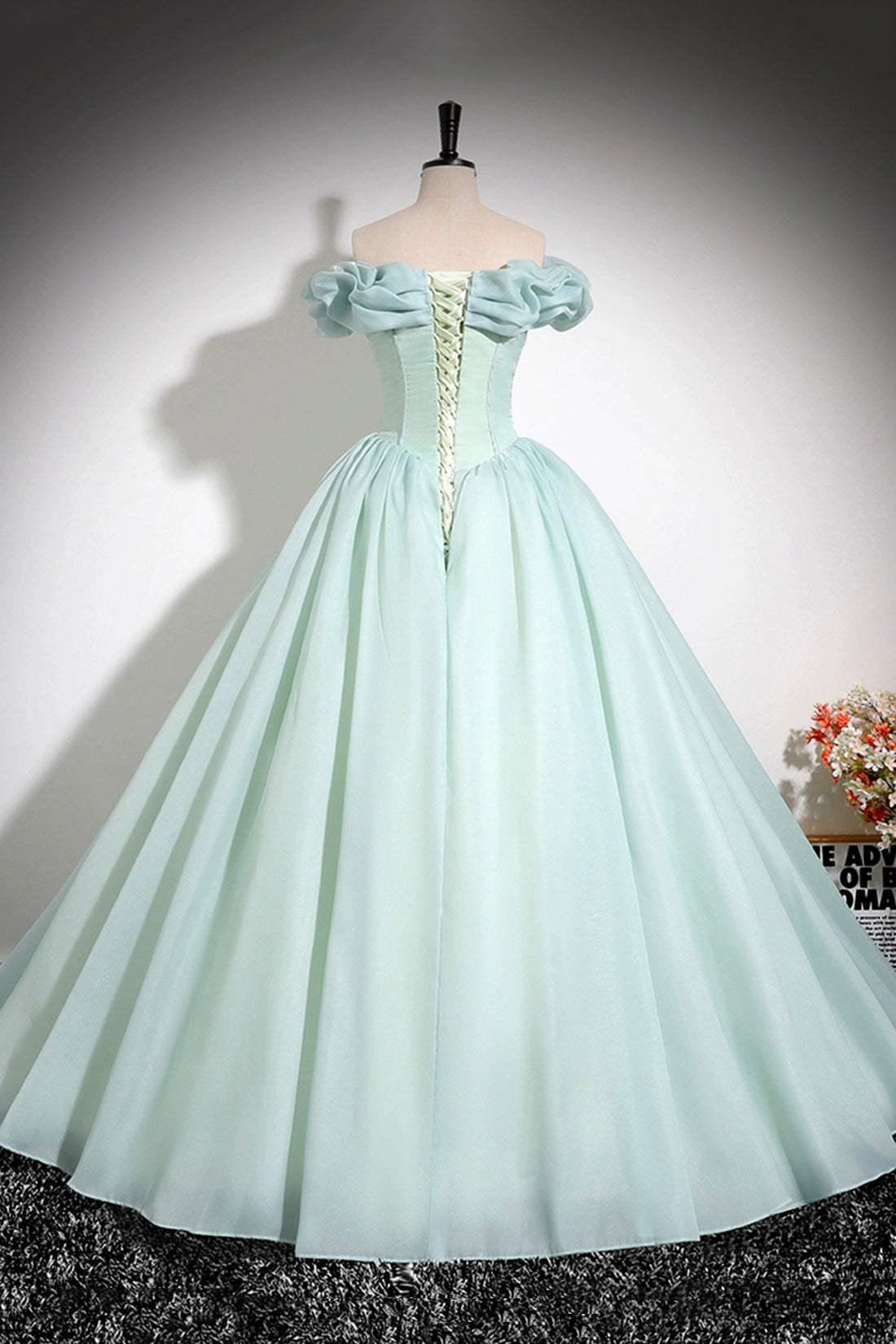 Green Tulle Long A-Line Prom Dress, Lovely Off the Shoulder Evening Party Dress