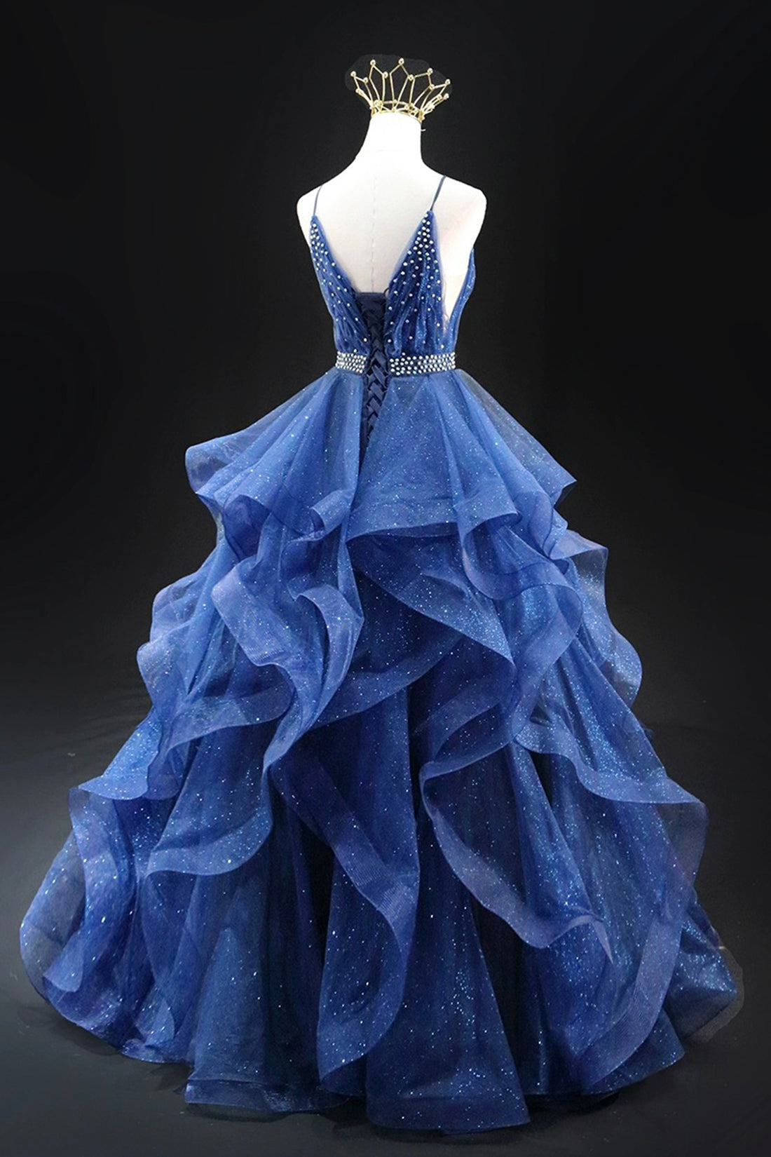 Blue Glitter Tulle Long A-Line Prom Dress, V-Neck Spaghetti Strap Backless Evening Party Dress