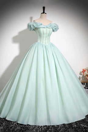 Green Tulle Long A-Line Prom Dress, Lovely Off the Shoulder Evening Party Dress