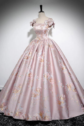 Pink Floral Satin Long Prom Dress, Beautiful A-Line Evening Dress with Bow