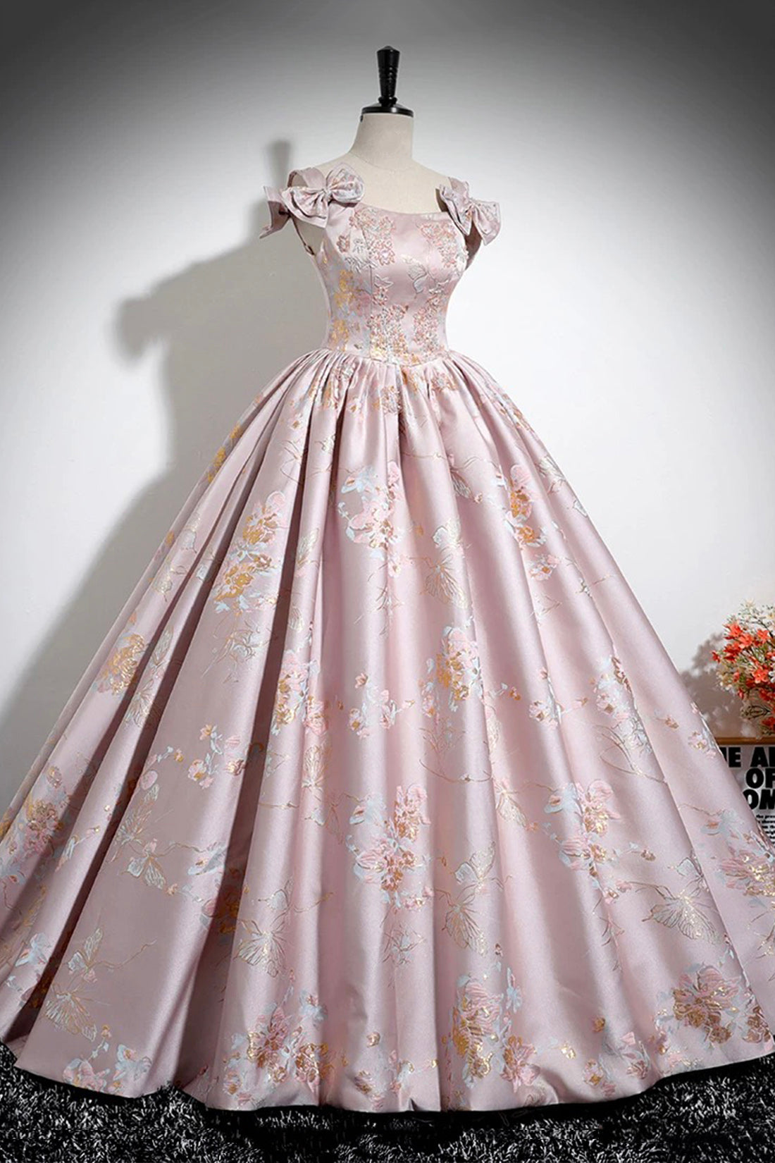 Pink Floral Satin Long Prom Dress, Beautiful A-Line Evening Dress with Bow