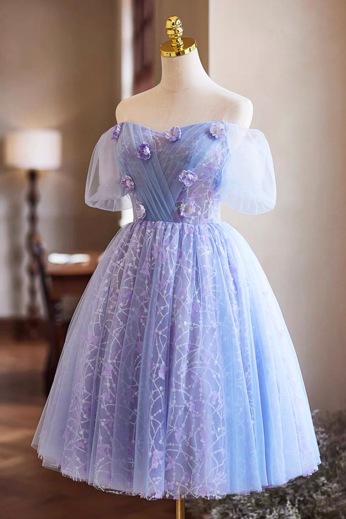 Purple Tulle Knee Length Prom Dress, Lovely Off the Shoulder Party Dress